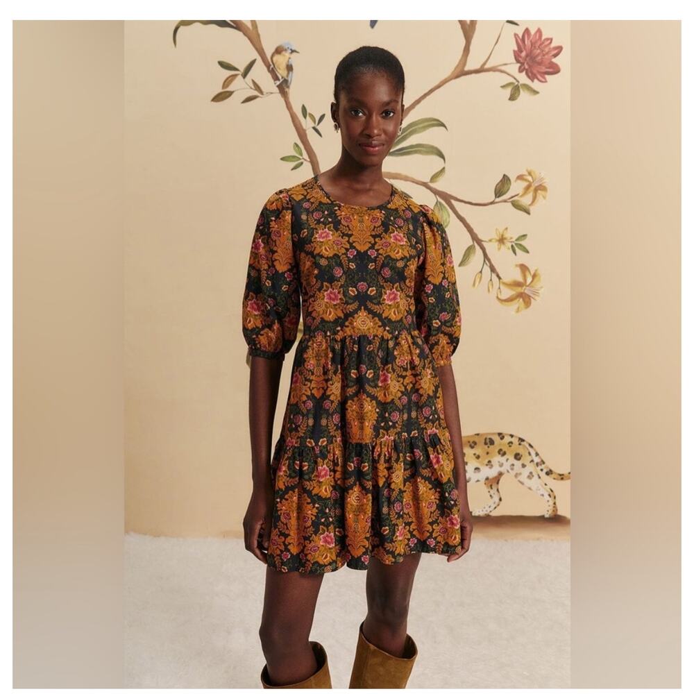 Farm Rio Arabesque Floral Mini Dress Puff Sleeve Black Yellow Size Large